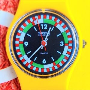 Vintage Swatch Watch YELLOW RACER LJ100 1984 Standard Ladies RARE New Old Stock